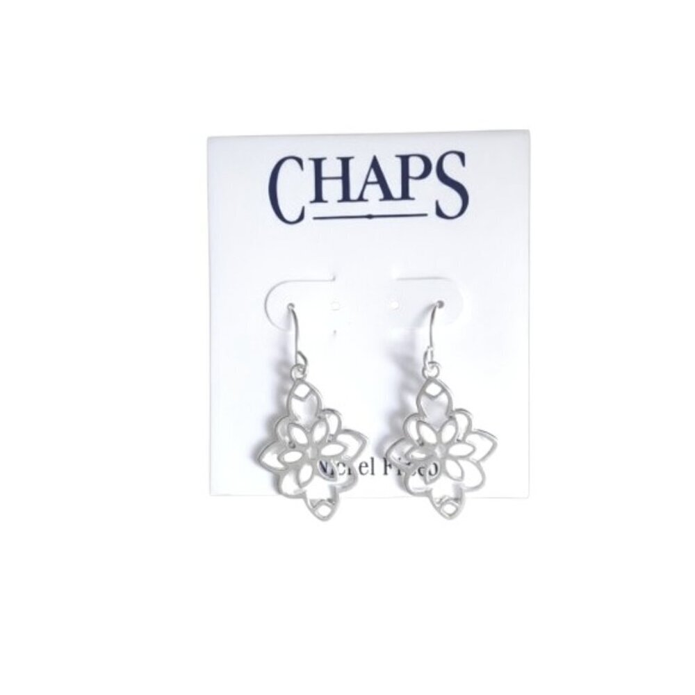 Chaps Silver Tone Drop Earrings with a Cutout Flower Design